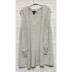 Tahari Gray Wool Blend Long Sleeveless Vest Cardigan Sweater hood Large